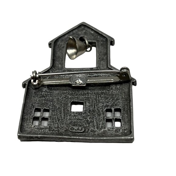 Vintage JJ School Brooch Pewter Tone Moveable Bell Old Schoolhouse Pin - Picture 6 of 8